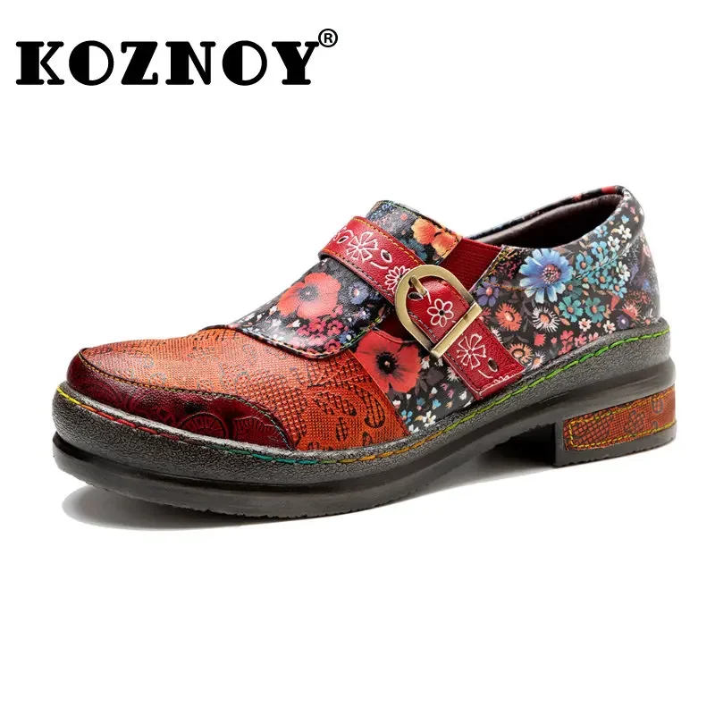 

Koznoy 3cm Sheepskin Leather Autumn Fashion Designer Ethnic ZIP Luxury Elegance Spring Woman Flats Ladies Print Plus Size Shoes