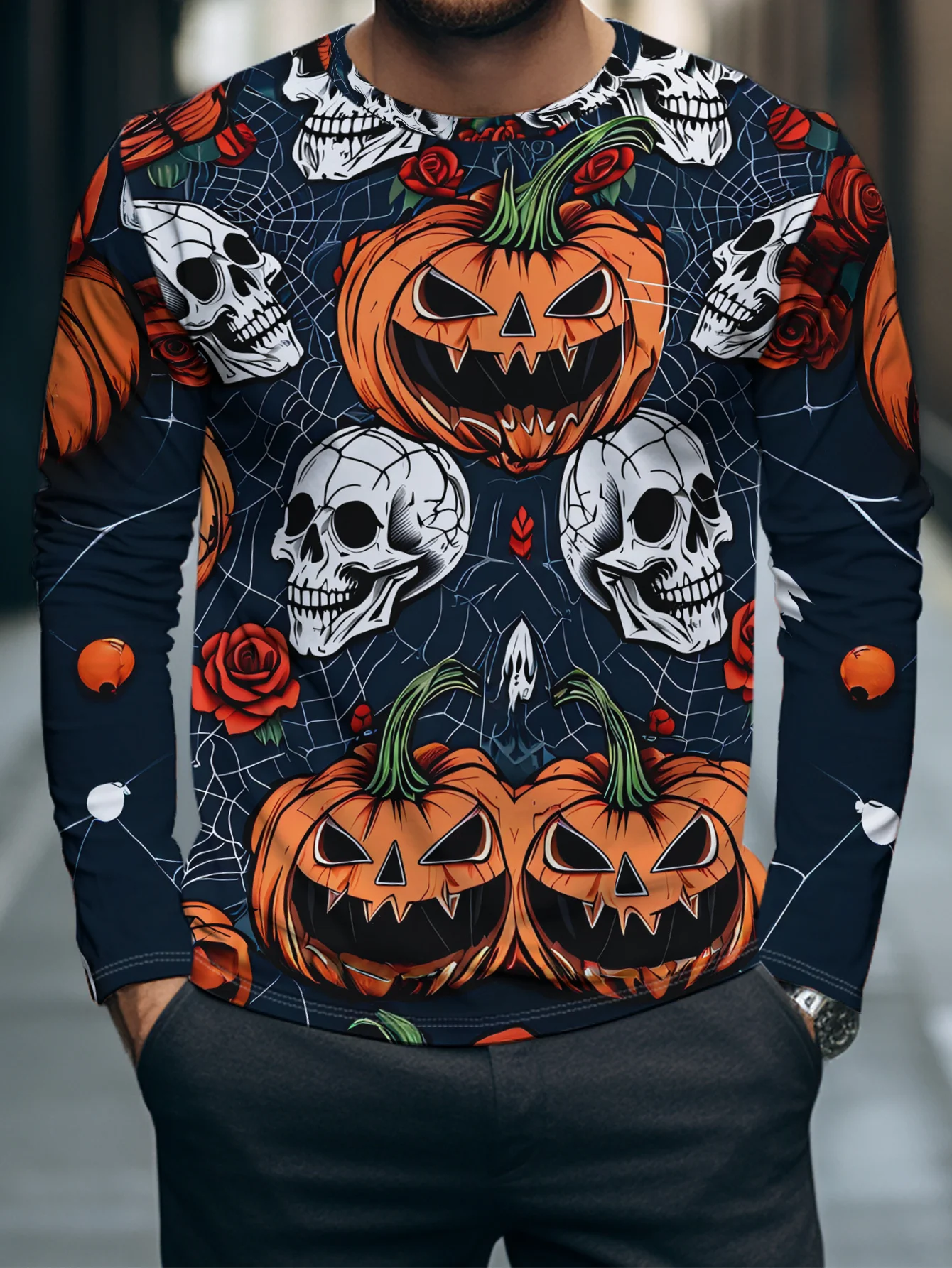 Men Long Sleeve T‑Shirt Pumpkin Skull Rose Spider Web Print Crew Neck Halloween Gothic Casual Tops