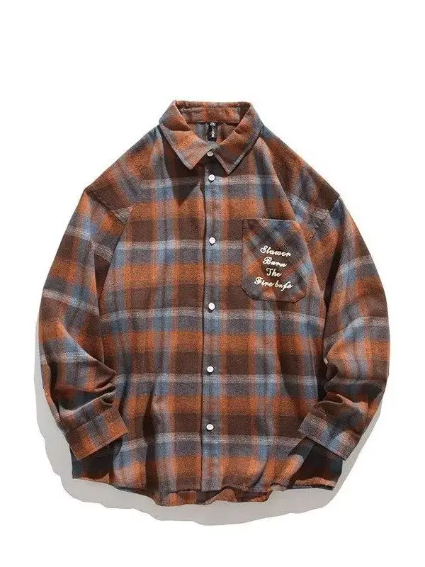 

American Sle Plaid Long Sve irt Loose Casual Spring Autumn Men's Faion Streetwear Couple's Turn-down Collar Coat