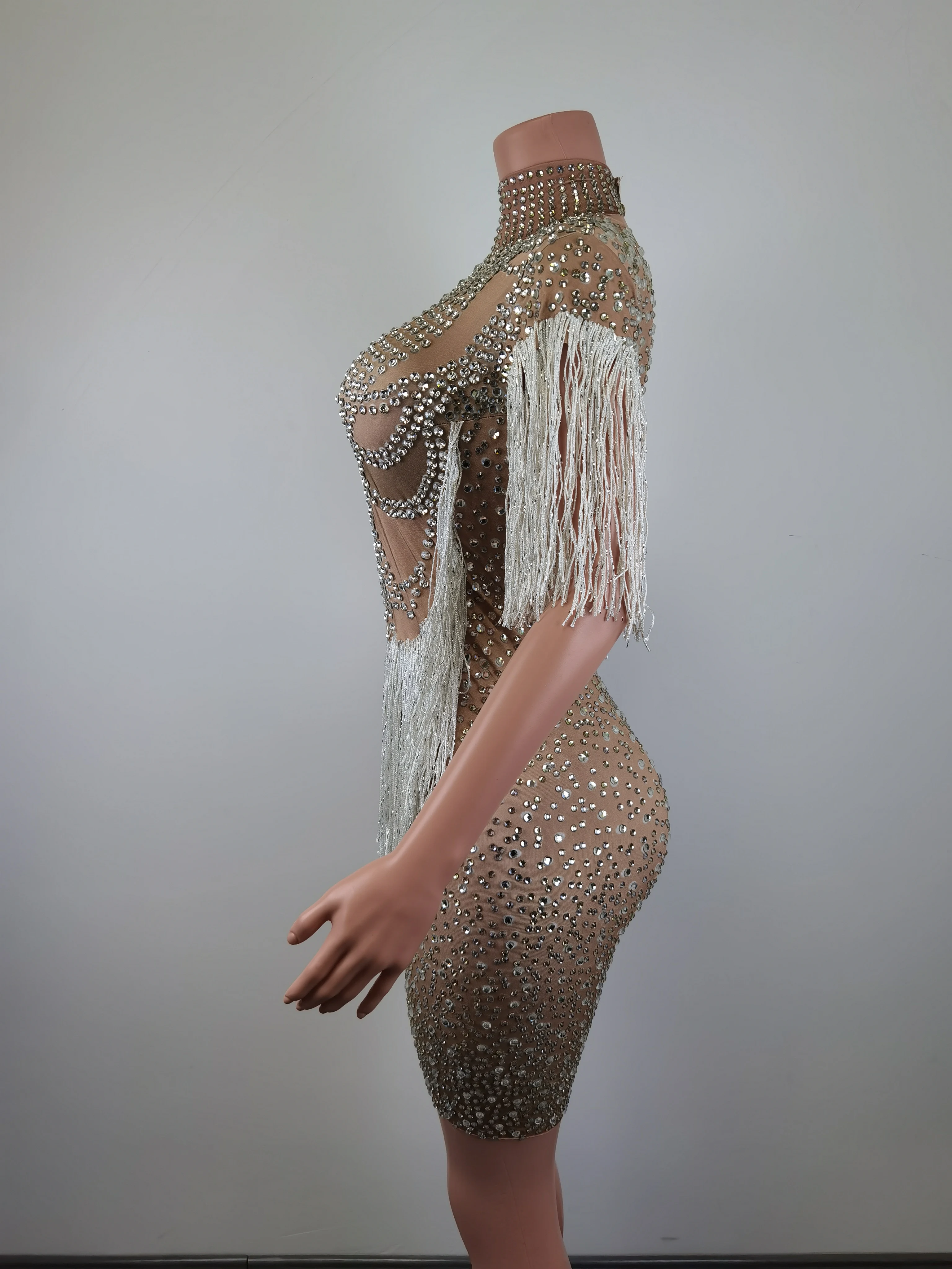 Elegancka Sukienka Koktajlowa Bodycon z Długim Rękawem, Frędzlami i Cyrkoniami, Damski Strój Klubowy, Suknia Wieczorowa na Kolację, Seksowna Mini Sukienka na Bal Maturalny