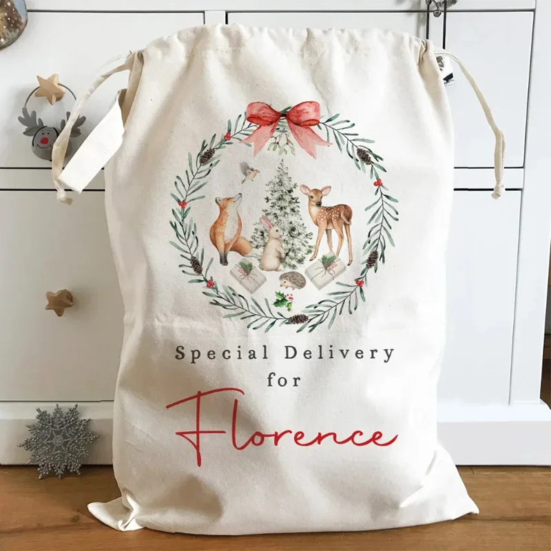 ส่วนบุคคลพวงหรีดคริสต์มาสฤดูหนาวป่า Woodland สัตว์ Santa กระสอบ Merry Xmas eve วันหยุดเด็กสาวของขวัญกระเป๋า