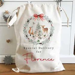 Personalised Christmas Wreath winter Forest Woodland Animal Creatures Santa sack Merry Xmas eve Holiday kid boy girl gift Bag