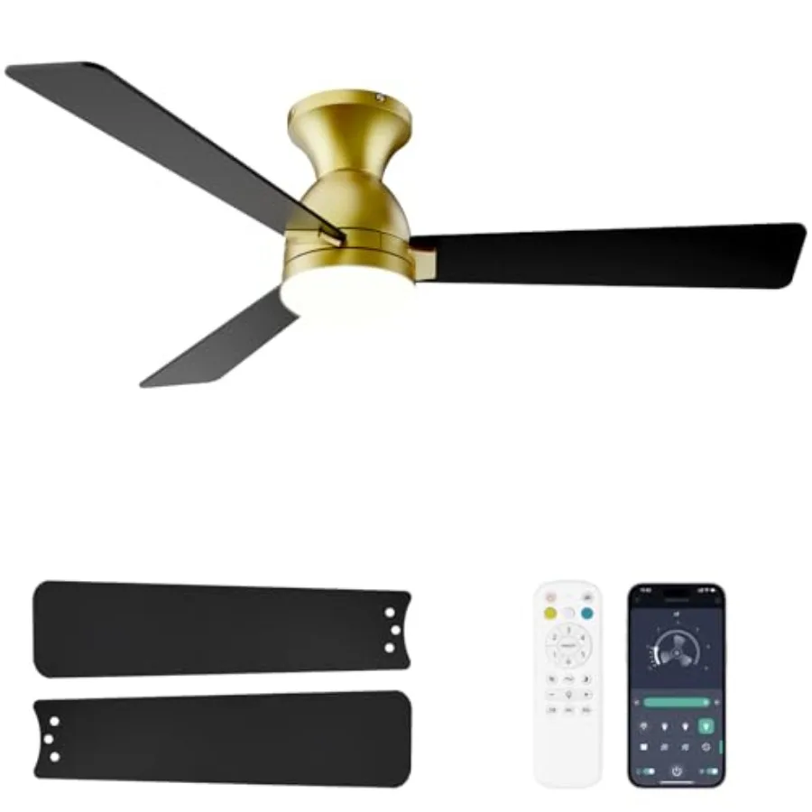 

Ceiling Fans with Lights for Bedroom and Dining Room, Gold Low Profile Flush Mount 48 inch Fan, Reversible 3CCT Dimmable LED, N