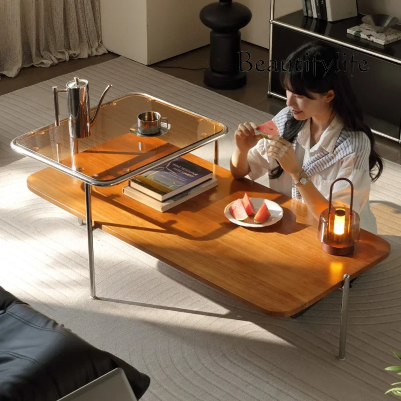 zL ​​Mid Century Modern Solid Wood Coffee Table 2-Tier Stainless Steel Frame Tempered Glass Minimalist Luxury Café Furniture FYC