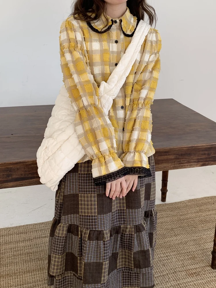 

Hey an Nai Nai Spring New Retro Plaid High Waist A-Line Skirt Women's Sweet Brown Mid-Length Japanese Sle f-length Skirt