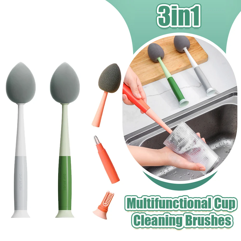 3 in1 Multifunctional Long Handled Sponge Cup Brush Detachable Gap Cleaning Brush Feeding Bottle Brush Home Cleaning Tools