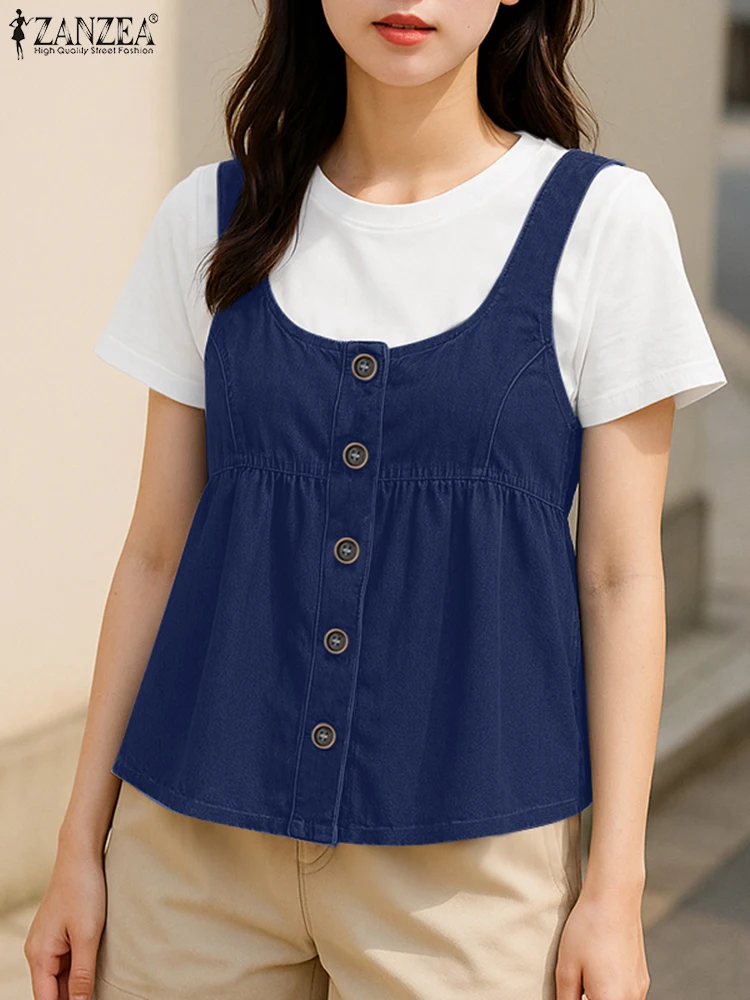 

ZANZEA Stylish Fake Two-Pieces Blouses Women Casual Denim-Patchwork O-Neck Short Sleeve White T-Shirts Summer 2025 Blusas Mujer