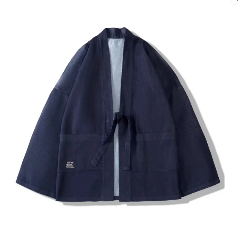 Men's Loose Fit Vintage Wash Denim Kimono Cardigan Japanese Haori Style Retro Jacket