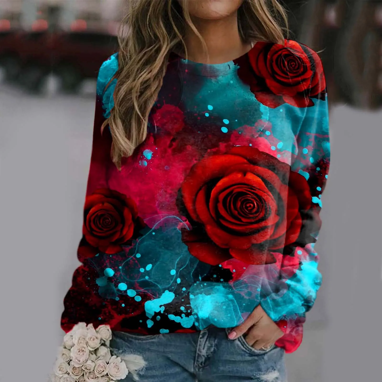 Floral Flower Hoodie Roses 3D Print Women O-Neck Y2k Hoodies Streetwear Sweatshirts Oversized Pullovers Girl Tops Woman Clothing