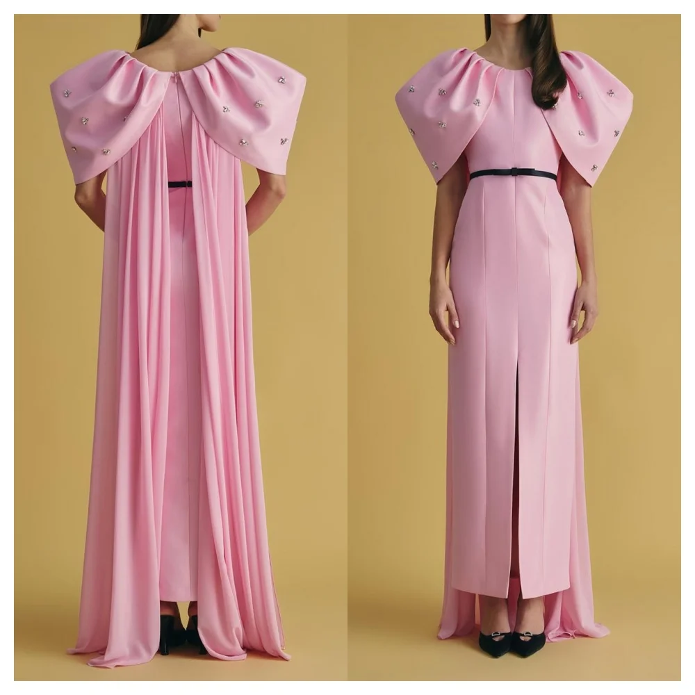 

Customized Modern Pink Satin Evening Dress Delicate Crew Neck Off the Shoulder Half Sleeves Party Dress Soft Celebrity Gowns