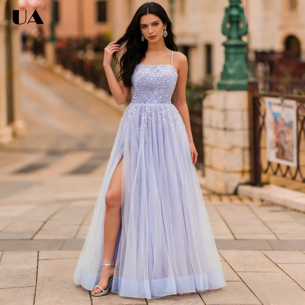 

ULBYANRY Customized Mesh Beading A-line Prom Dress, Classic Spaghetti Strap Evening Dress, Fashionable High-slit Party Dress