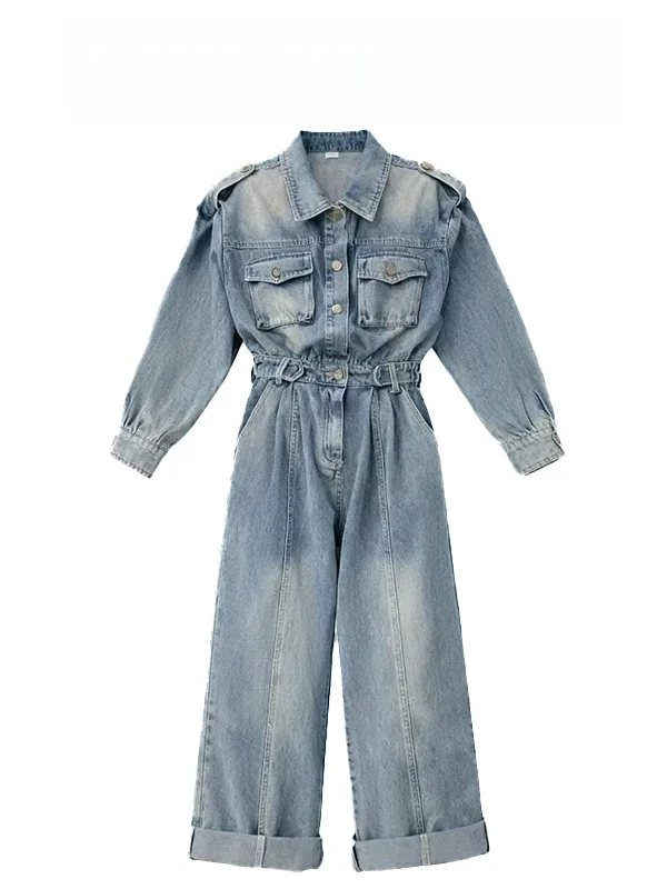 

Premium Denim Overalls Women's Long Sve Collared Wide Leg Pants High Waist Trousers Vintage Blue Workwear New 2025