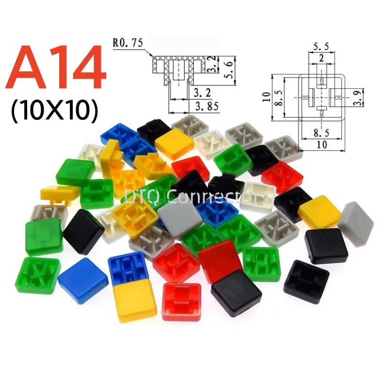 50 Sets A14 10x10x5.6mm Long feet Key Caps + Transparent Cover Button Cap Hat Adaptable For 12*12*7.3mm Square Head Touch Switch