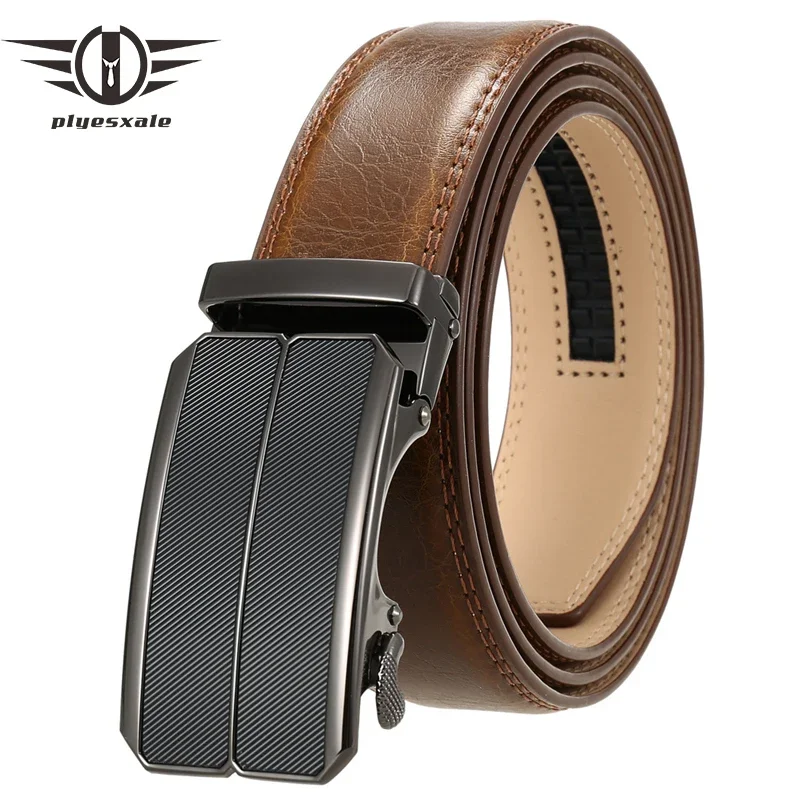 

Plyesxale Genuine Leather Belts For Men High Quality Mens Belts Luxury Alloy Automatic Buckle Casual Belt Black Dark Brown B381