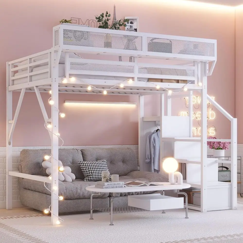 Cama com escadas, camas de metal em tamanho real com prateleiras de armazenamento, cama para adultos com guarda-roupa, alta resistente