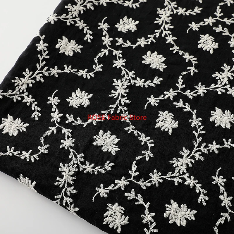 Vintage Floral Embroidery black Cotton Fabric for skirt, tops, tabletop, pillowcase, headbands