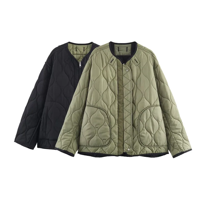 

Faionable Double-Sided Cotton Jaet Women's Street Sle Zipper round Ne Long Sve Polyester Fiber Autumn New Arrival