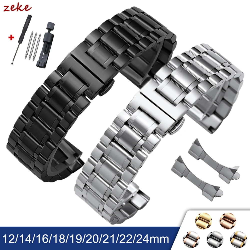 Luxury Arc Flat End Solid Stainless Steel Watch Bracelet for Tissot Butterfly Clasp Strap 12/14/16/18/19/20/21/22/24mm Watchband
