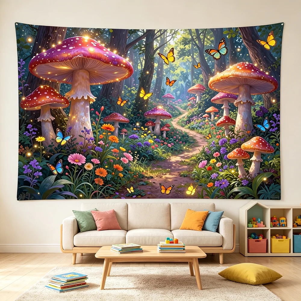 1PC Mushroom Forest Butterfly Flowers Print Backdrop Banner, Fantasy Style, Bedroom Photo Background, Polyester, Home Decor