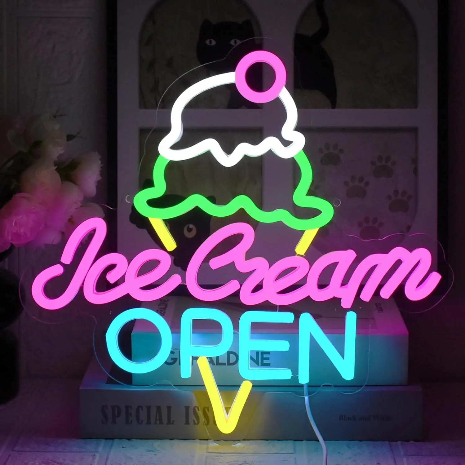 Ice Cream Open Neon Sign USB LED Neon Light for Business Store Dessert Shop Bar Party Cafe  Decor Gift Light Up Sign
