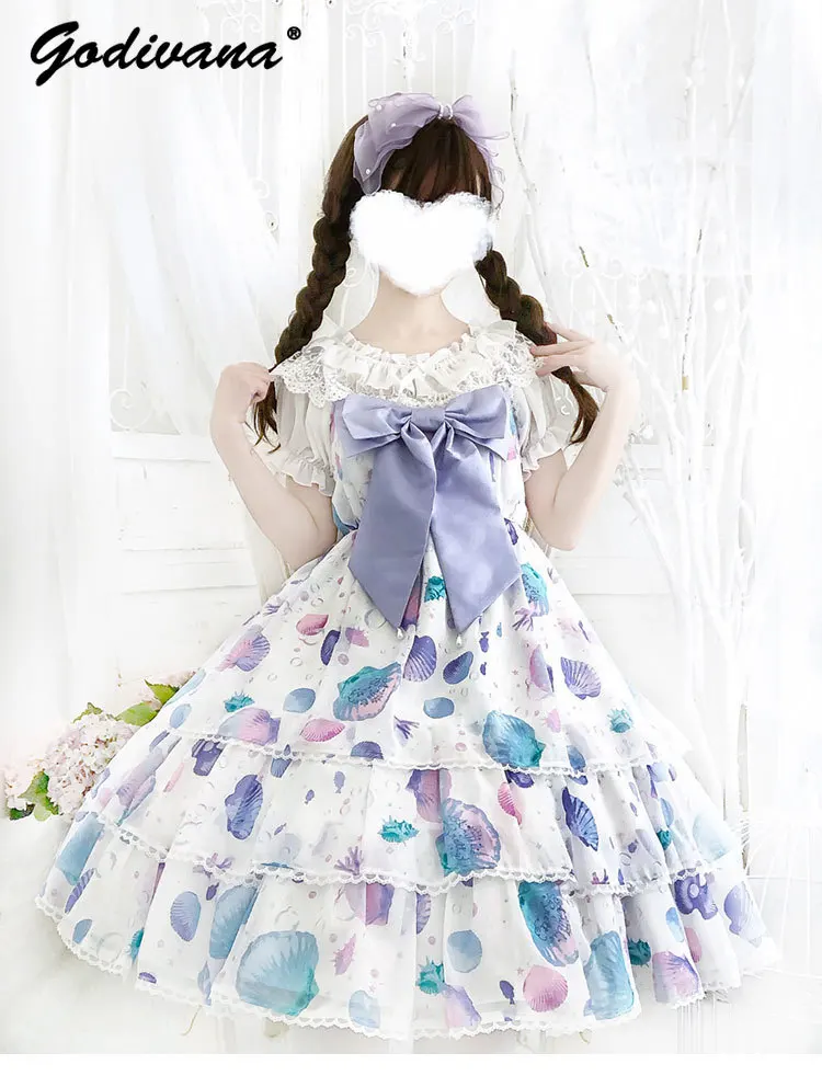 Japanese Elegant Strapless Bow Shell Jellyfish Gradual Change Print Lolita A-line Dress Girl Women's Summer Short Sling Dresses