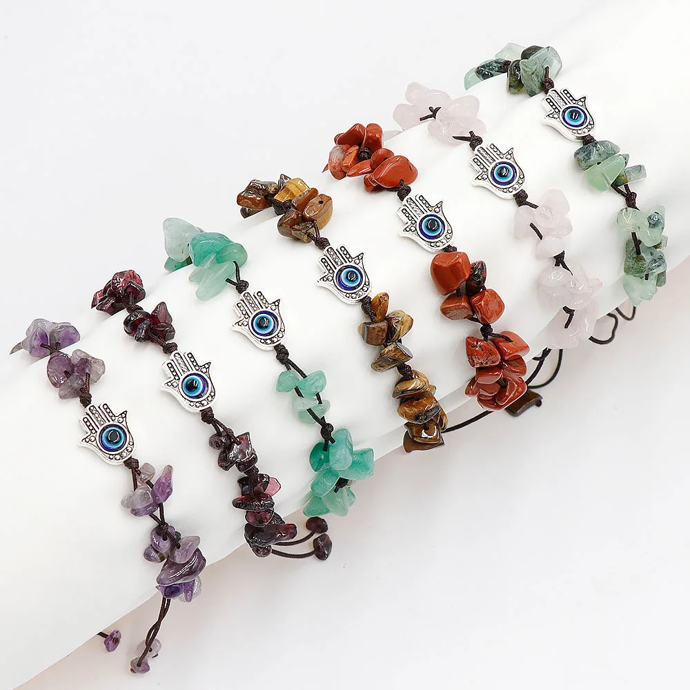 evil Eye Palm Charms Natural Irregular Chip stone Hand Woven Adjustable Bracelet Amethyst Lapis Bracelet for Women Men  Jewelry