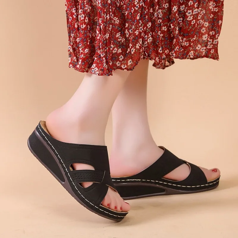 Sandalias De Cuña Ortopédicas De Punta Abierta Para Mujer, Zapatos De Plataforma Retro Informales De Cuero, Antideslizantes