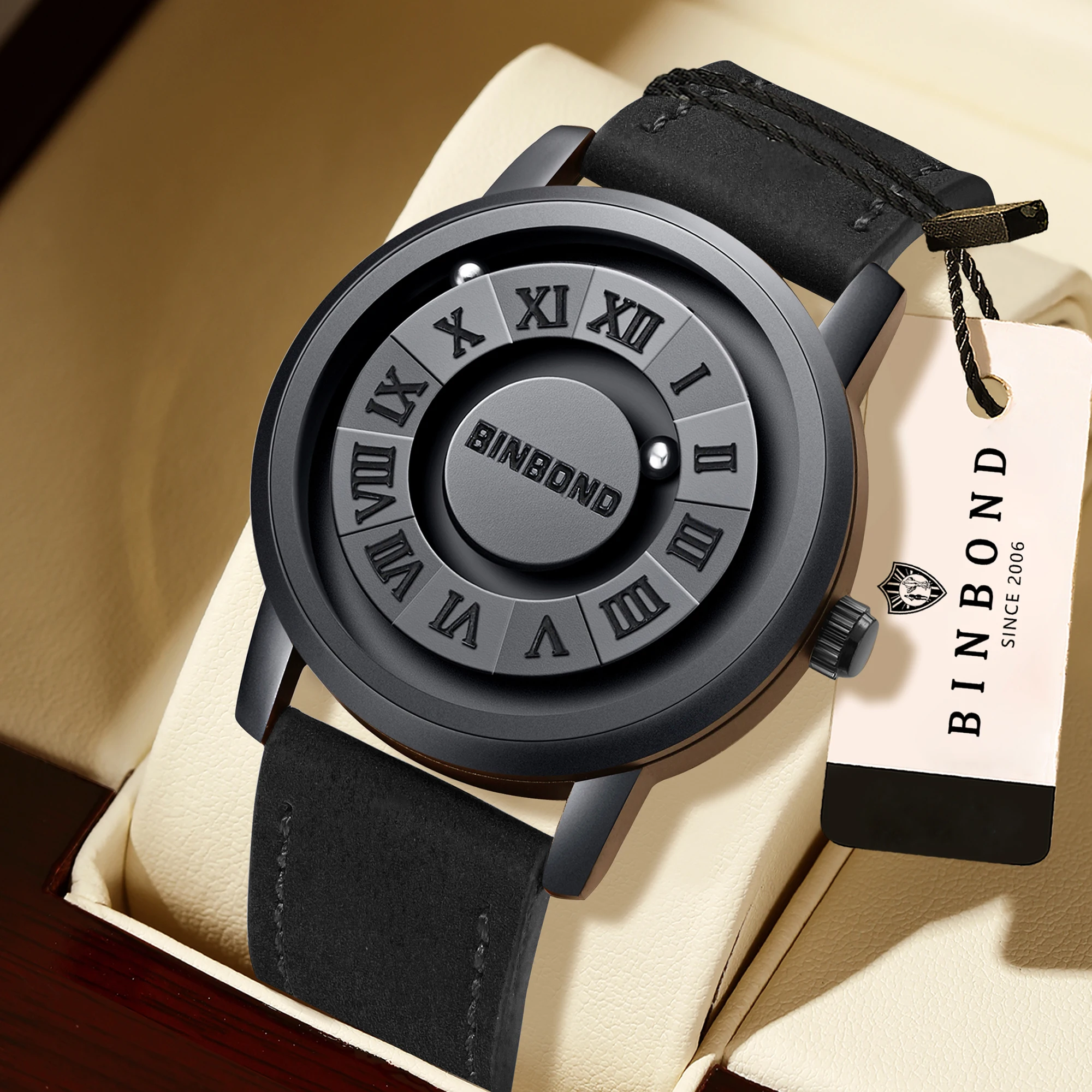 BINBOND Orginal Magnetic Force Bead Men's Precise Quartz Watch Waterproof Watches For Men Luxury Durable Leather Strap Reloj