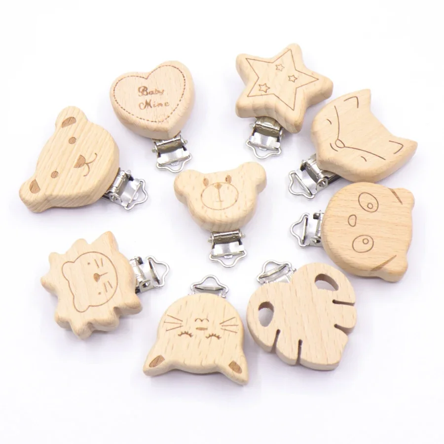 5Pcs Food Grade Beech Wooden Clip Animal Heart Shape Dummy Clip for Baby Teething Pacifier Chain DIY Holder  Teether Accessories