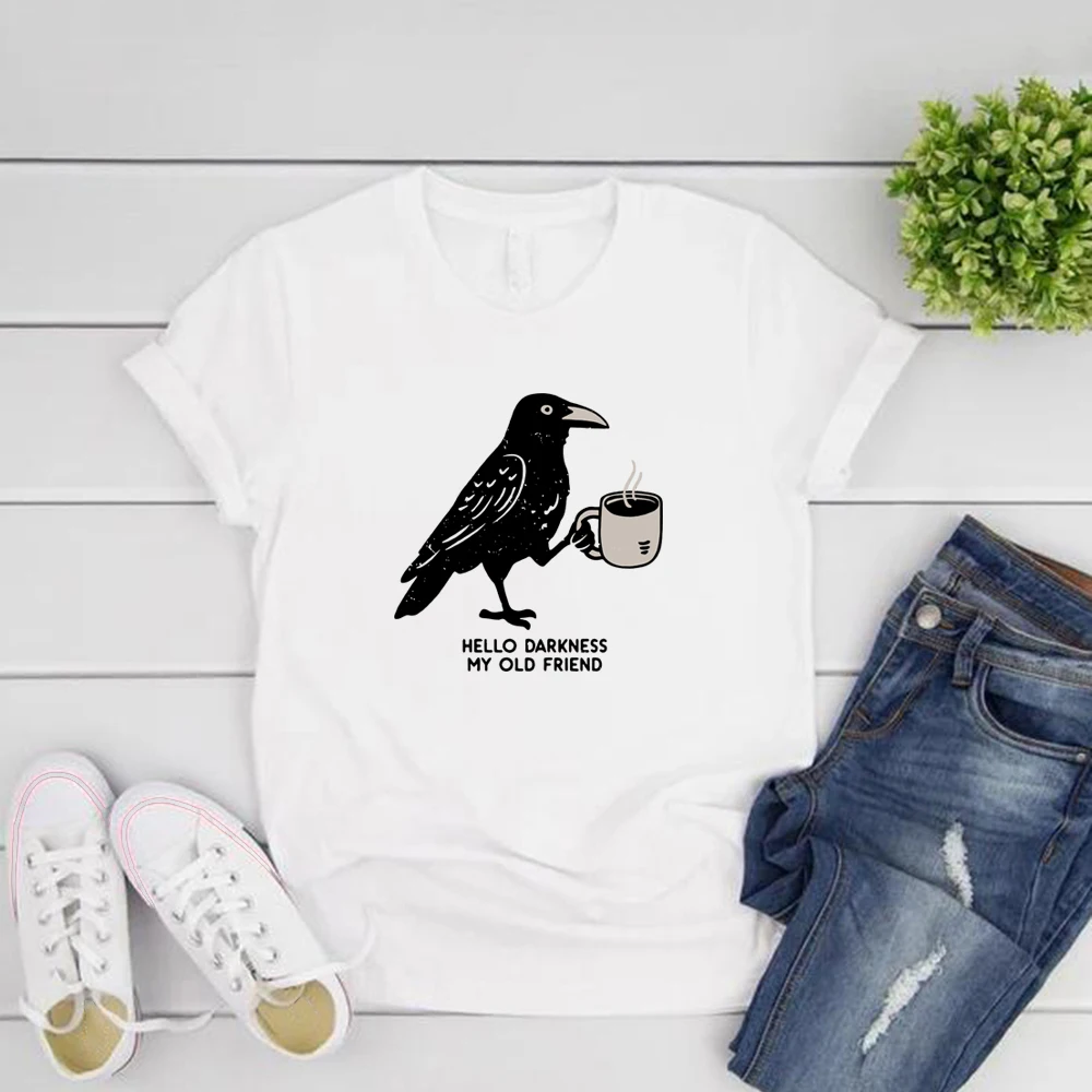 

Raven Crow Coffee Shirt Halloween T-Shirt Fall Tee Women's T-shirts Short Sleeve Coffee Lover Gift Shirt Graphic T Shirts Y2K