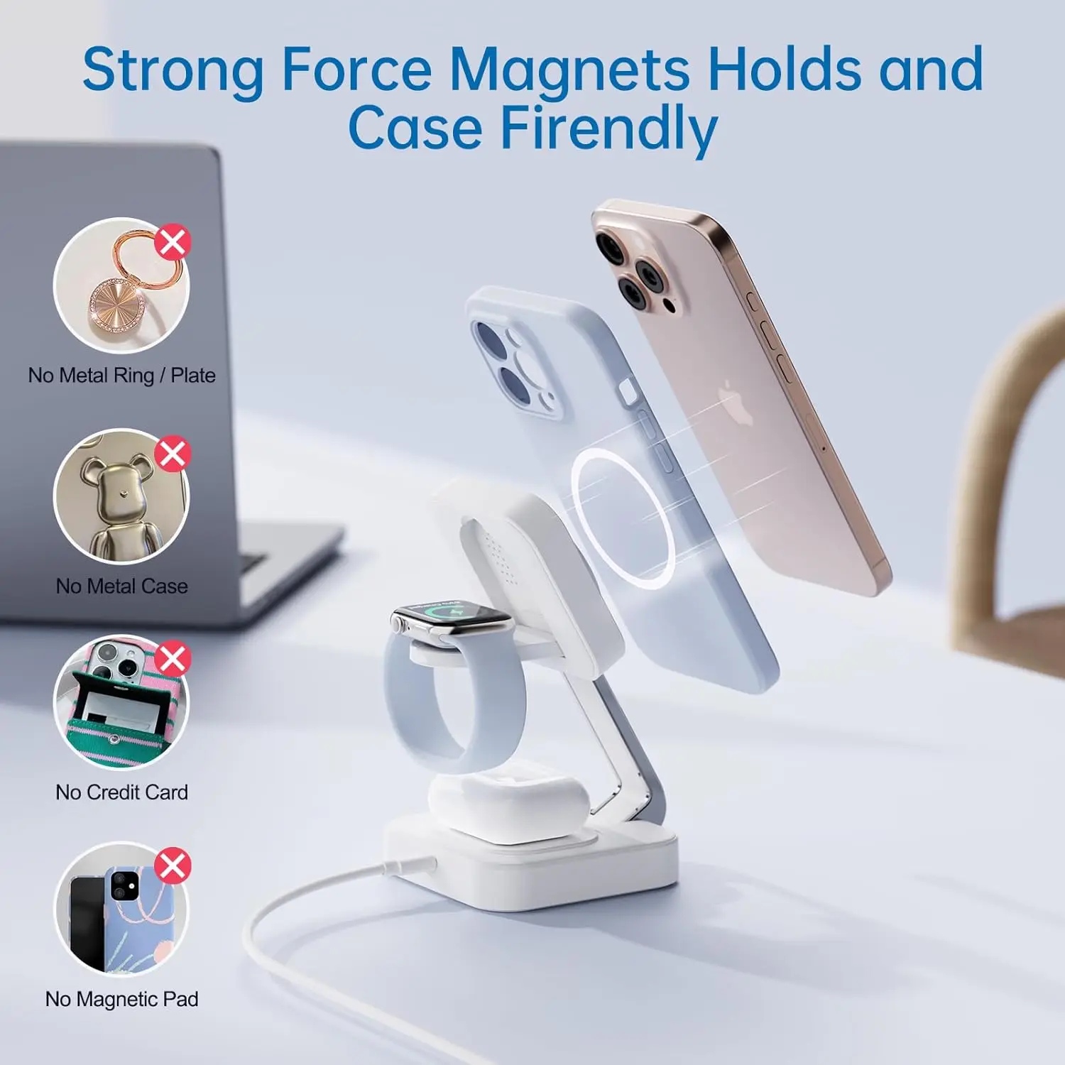 شاحن مغناطيسي 3 في 1 سريع لهاتف iPhone 17/16/15/14/13/12 Pro Max & AirPods 4/3/2 Pro - محطة شحن لاسلكية، أبيض