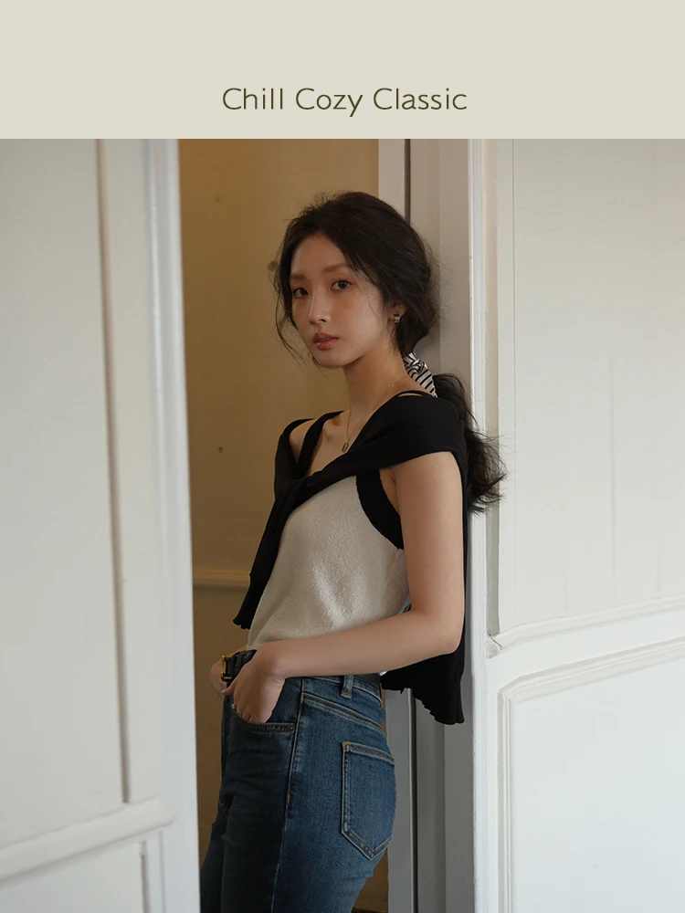 

Женский вязаный топ-жилет ChillCozy из длинноволокнистого бархатного хлопка с круглым вырезом, цветной, для весны и осени