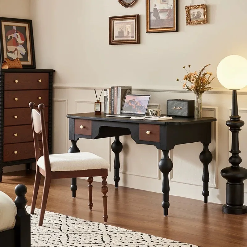 French retro solid wood desk, villa antique study, Roman column drawer, writing desk, American light luxury dressing table