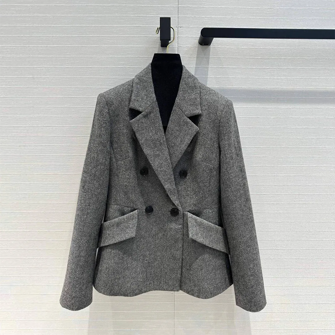 2024 New Fashion Runway Design 70% Wool Blends Gray Color Slim Fit Chic Blazer Women Jacket Notched Double Breasted Elegant Suit