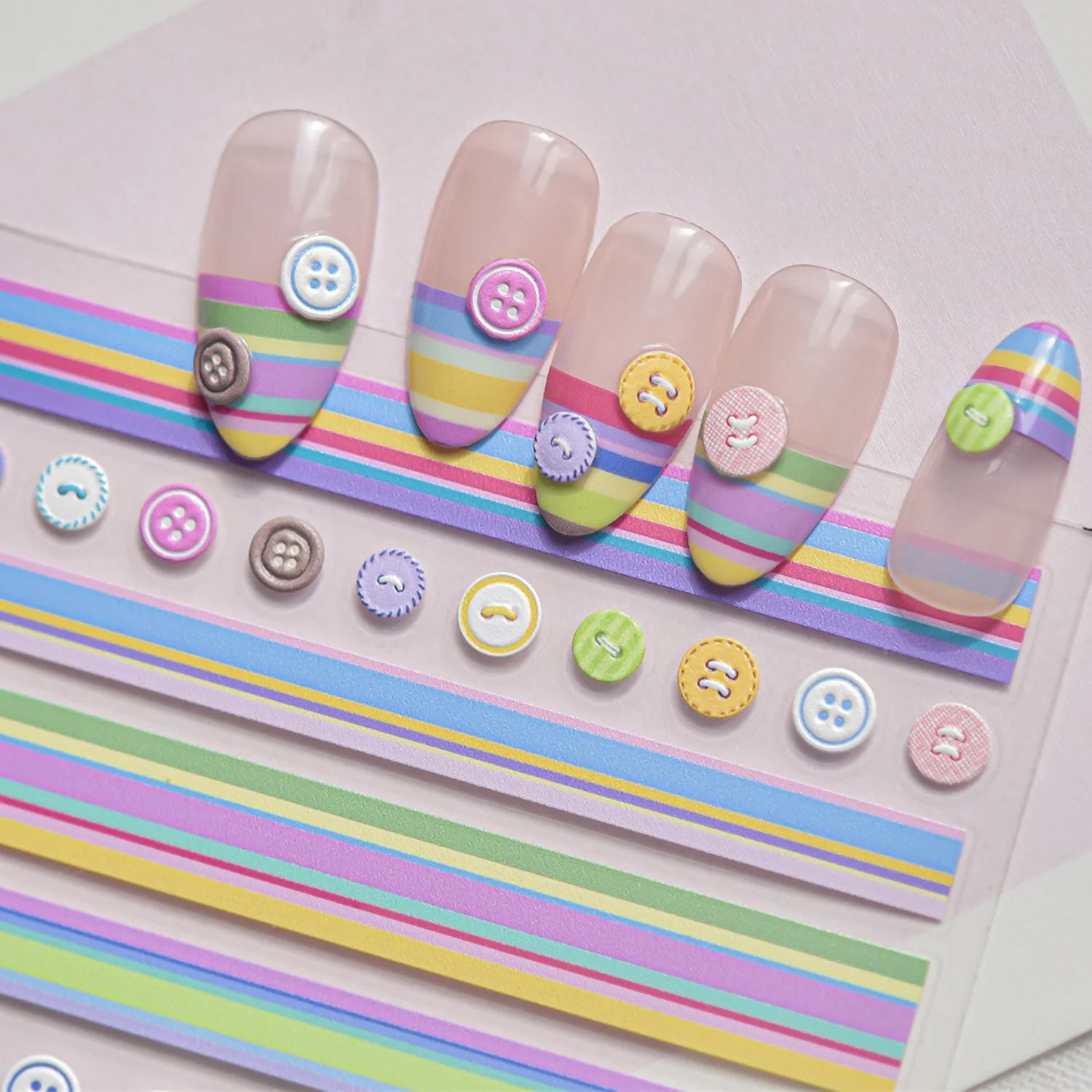 Colorful Stripe Button 5D Nail Art Stickers Cherry Heart Stars Dopamine French Rainbow Cross Self Adhesive Decals Manicure DIY