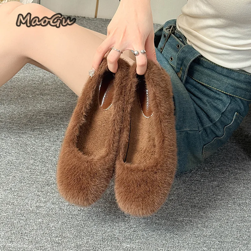 Innenhöhe, zunehmende, pelzige High-Heel-Pumps für Damen, runde Zehen, Pendlerschuhe, vielseitig, warm, Büro, lässig, Slip-on-Schuhe