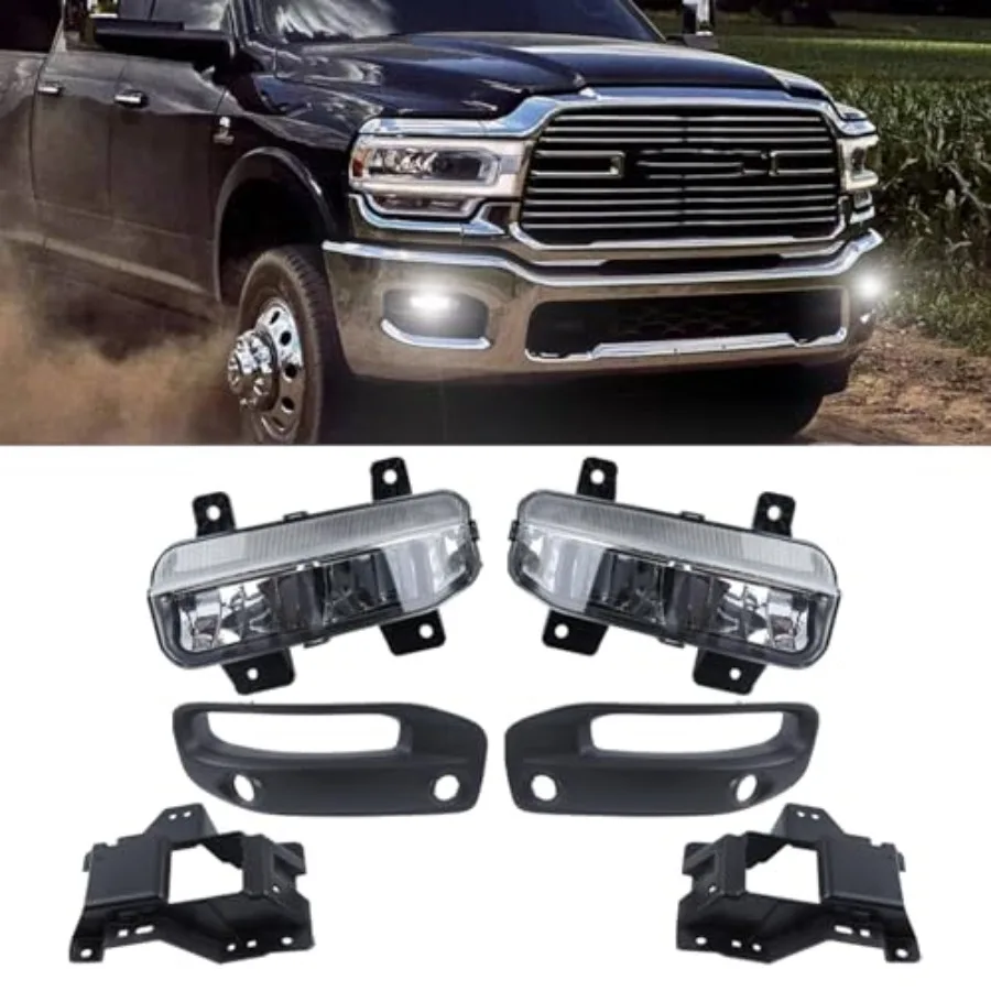 LED Fog Light Assembly with Lamp Bracket Wires Switch Compatible with 2019-2022 Ram 2500 3500 68273291AB Black High Brightness
