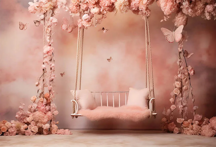 Mehofond 사진 배경 핑크 꽃 나비 공주, 신생아 생일 파티, 그런지 벽 예술 질감 배경 소품