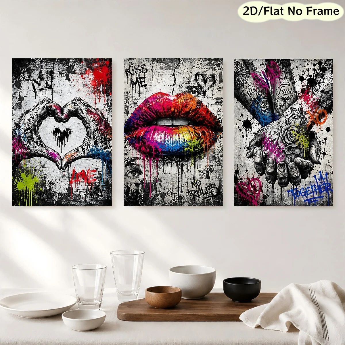 （NO Frame 3PCS）-2D Flat, 2D Flat, 2D/FLAT, Frameless, 3pcs Graffiti Artworks, Including Heart Gesture, Lips, And Hand-In-Hand