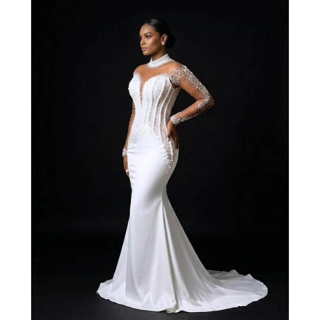 Custom High Neck Sheer Long Sleeve Mermaid Wedding Dress with Pearl Beaded Court Train Bridal Gown for Women Vestido De Novia