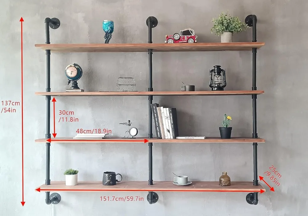 Floating Shelves Wall Bookshelf Industrial Pipe Shelving Shelves 60 Inch Natural Wood Planks Rustic Wall Shelves Hanging