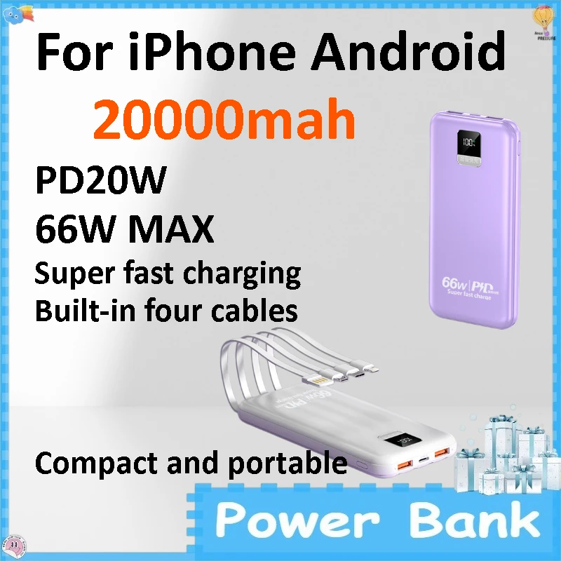 20000mAh Built-in Cable Power Bank 66W Quick Charging Portable External Battery Universal Phone Charger