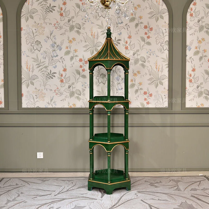 French retro green and gold hexagonal shelves, multi-layer display shelves in the corner of the medieval living room