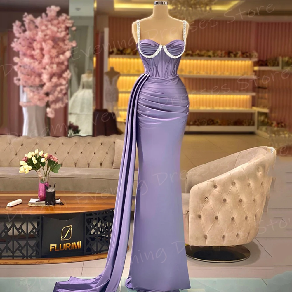 Graceful Purple Mermaid Pretty Women's Evening Dresses Charming Spaghetti Strap Prom Gowns Pleated Formal Party Vestido De Noche