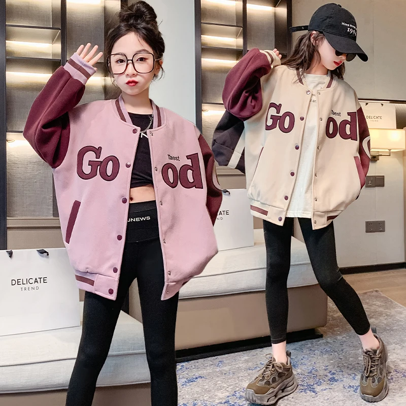 

Korean Kids Spring Autumn Loose Pink Baseball Jacket Coat for Teens Girls Retro Trendy Cotton Sports Jackets Outfit Child 4-14Y