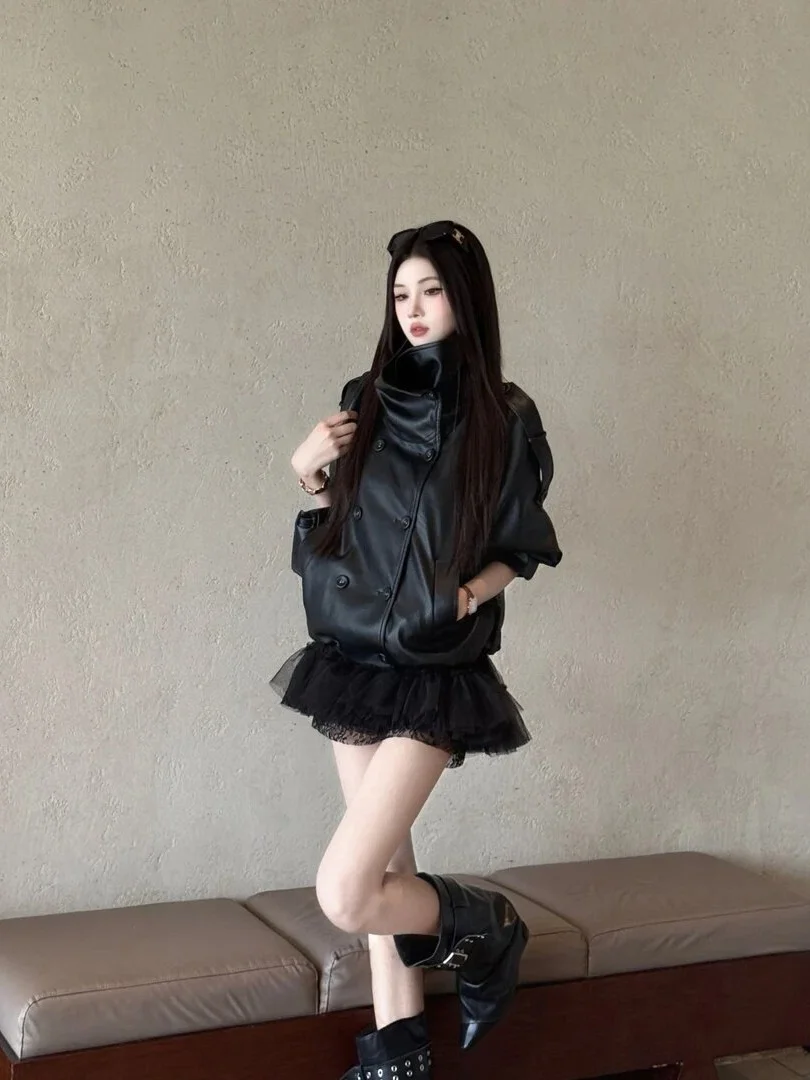 plus Size Women's Vintage Korean Style Short Leather Jacket Slimming Waistcoat Autumn New Fashion Flip Collar Buxom Top