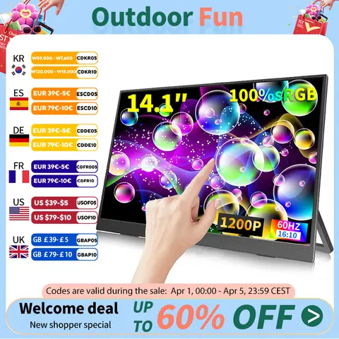 14.1 인치 터치 스크린 휴대용 모니터 100% sRGB 400cd/m2 게임용 컴퓨터 XBox PS4/5 스위치 Loptop 용 디스플레이 확장