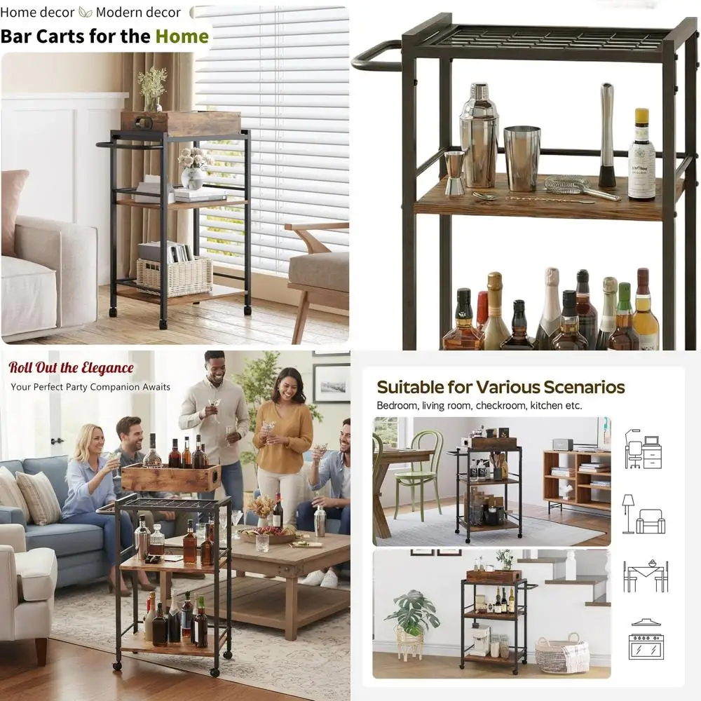 

3-х уровневая сервировочная тележка на колесиках со съемным подносом и местом для хранения для домашней кухни