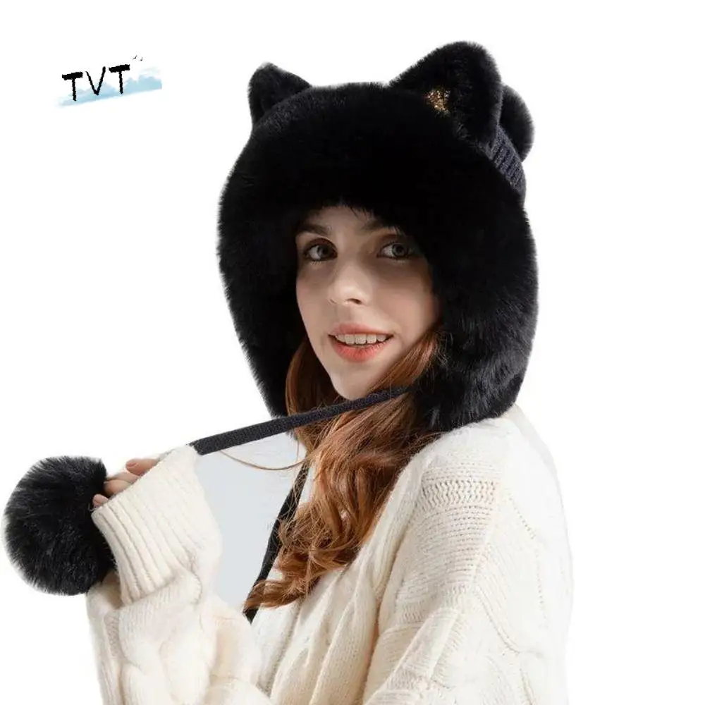 

Cute Fluffy Cat Ears Beanie Cartoon Woolen Ear Protection Hat Warm All-match Winter Plush Hat Streetwear