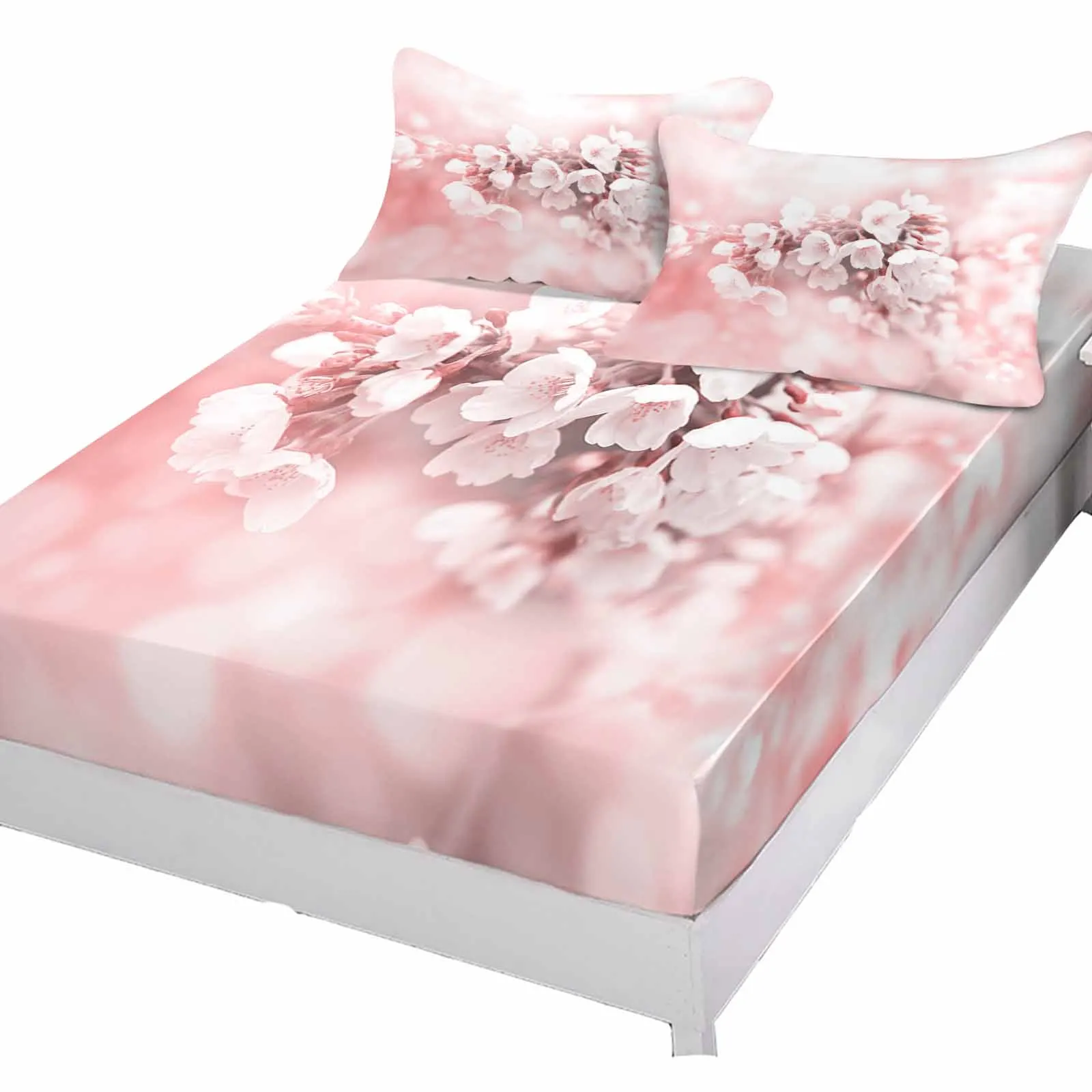 Floral Plant Cherry Blossom Pink Queen Size Bed Mattress Fitted sheet Elastic Rubber Band Non-slip Bed Sheet Pillowcase Set